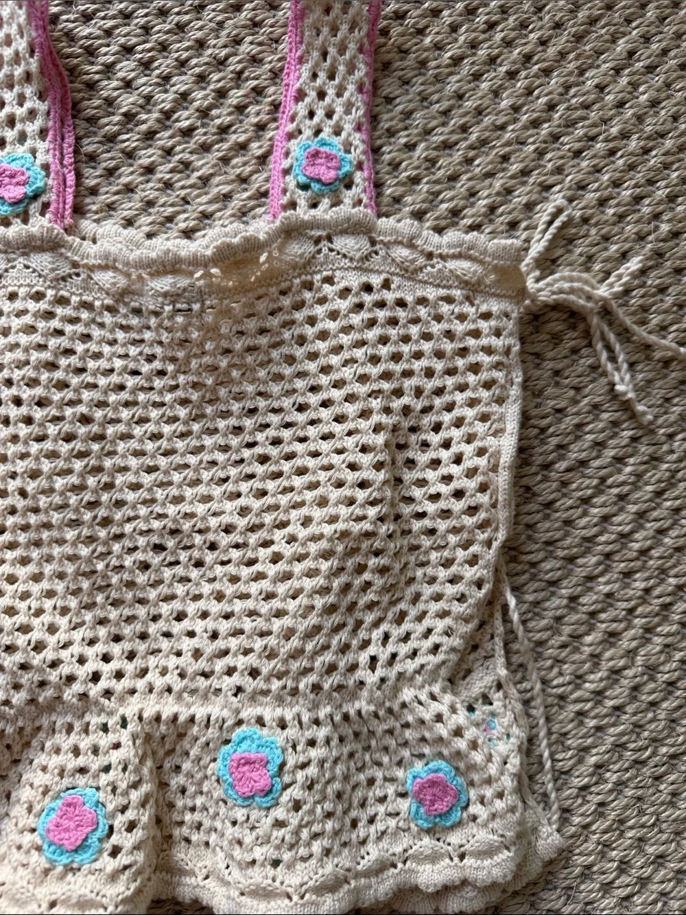 Handmade Crochet Tank Top & Shorts Set - Cream with Pink & Teal Flower Accents